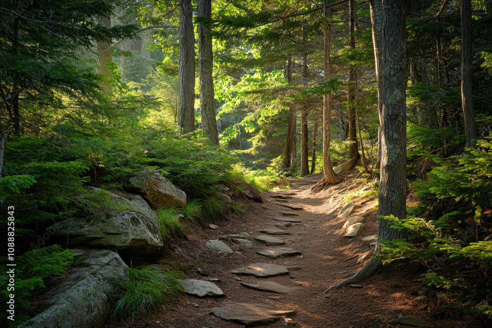 Obraz premium A serene forest path is surrounded by lush green trees and dappled sunlight, creating a peaceful and inviting atmosphere for nature walks.