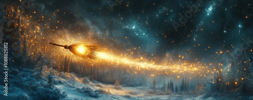 Wallpaper Mural A glowing spacecraft travels through a starry night sky, leaving a trail of light above a snowy landscape. Torontodigital.ca