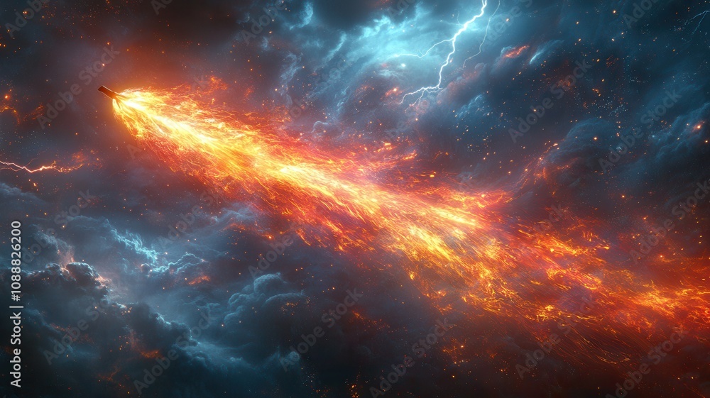 Fototapeta premium A vibrant cosmic scene featuring a fiery streak of light cutting through a dark, cloud-filled space, evoking a sense of cosmic wonder and energy.