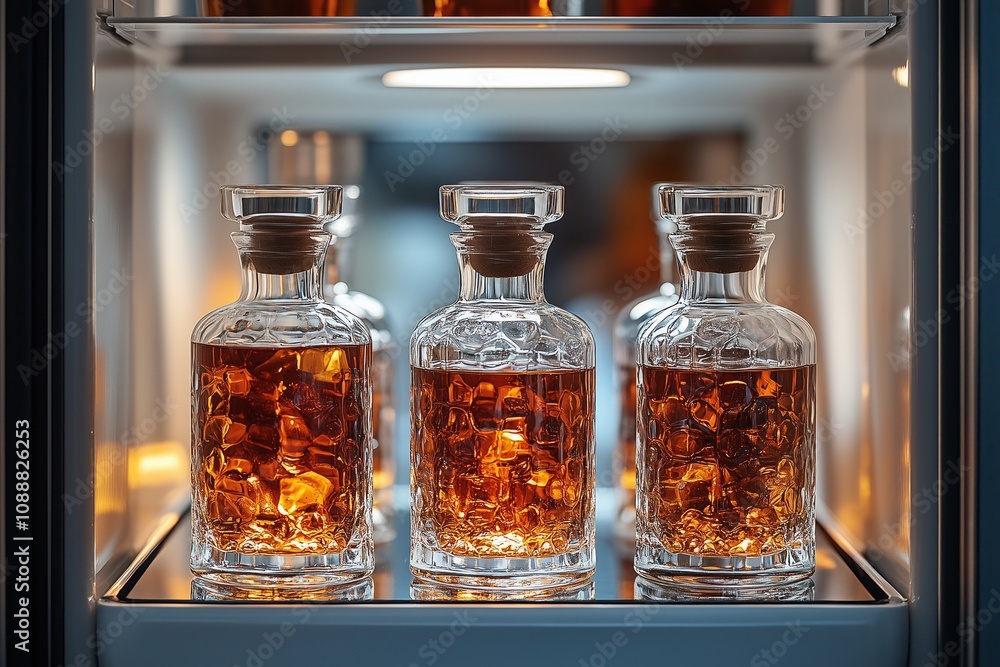 Elegant crystal decanters filled with amber liquid glow on a well-lit shelf, exuding warmth and luxury. Elegant crystal decanters filled with amber liquid glow on a well-lit shelf, exuding warmth and luxury.
