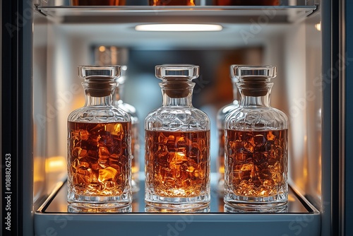 Elegant crystal decanters filled with amber liquid glow on a well-lit shelf, exuding warmth and luxury. photo