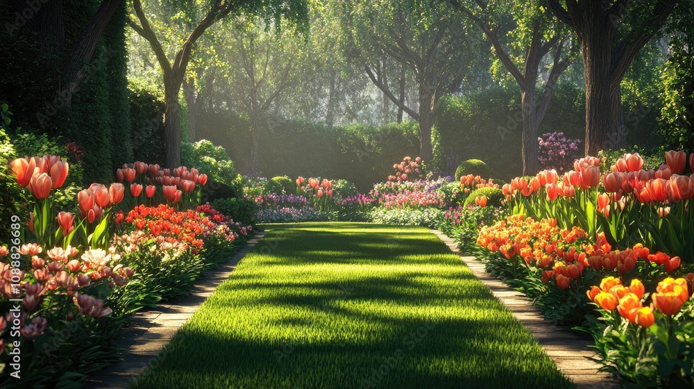 Morning Serenity in a Beautifully Manicured Garden Morning Serenity in a Beautifully Manicured Garden