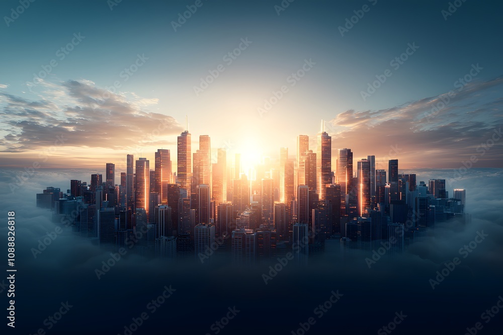 Fototapeta premium Vivid Neon Cityscape with Glowing Skyscrapers in 80s Retro Style, Capturing the Essence of Urban Life with a Stunning Sunset Horizon Above the City