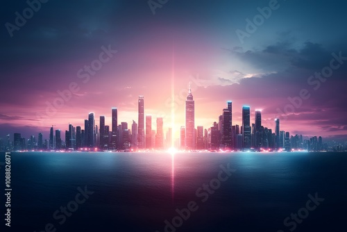 Vibrant Neon Cityscape at Twilight with Glowing Skyscrapers in Retro 80s Style, Illuminated Against a Dramatic Sky and Reflecting on the Water