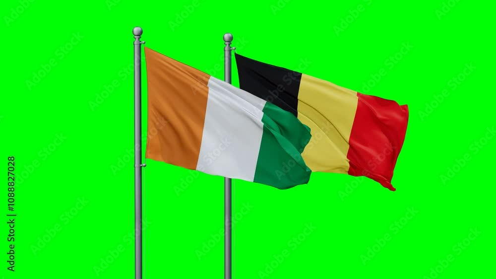 Belgium and Ivory Coast flags flying together, video concept of the relationship with colored chroma key for easy background remove Belgium and Ivory Coast flags flying together, video concept of the relationship with colored chroma key for easy background remove