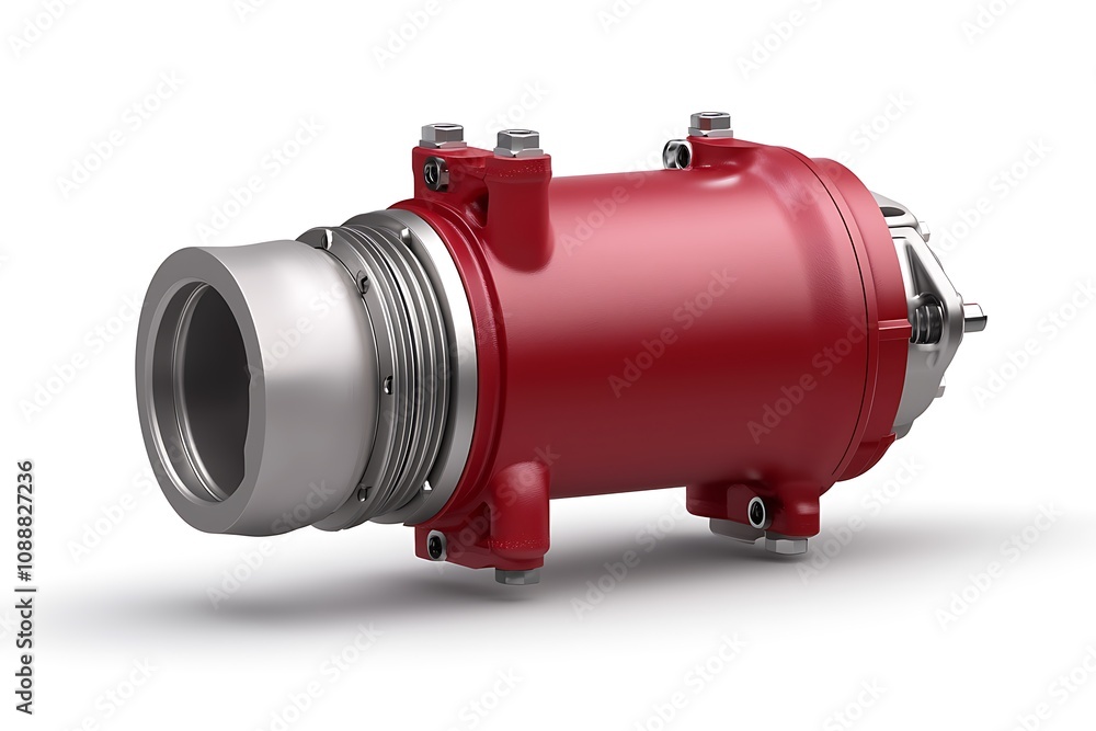 Turbocharger installation concept. A detailed image of a red automotive component, likely a turbocharger or blow-off valve, showcasing its metallic finish and connection points. Turbocharger installation concept. A detailed image of a red automotive component, likely a turbocharger or blow-off valve, showcasing its metallic finish and connection points.