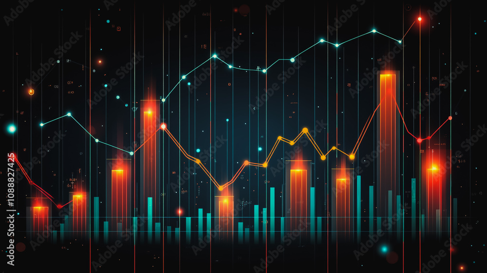 Abstract black background with 3D Colorful charts and graphs with statistics to innovative analyze business potential and forecast future development of companies growth. Abstract black background with 3D Colorful charts and graphs with statistics to innovative analyze business potential and forecast future development of companies growth.