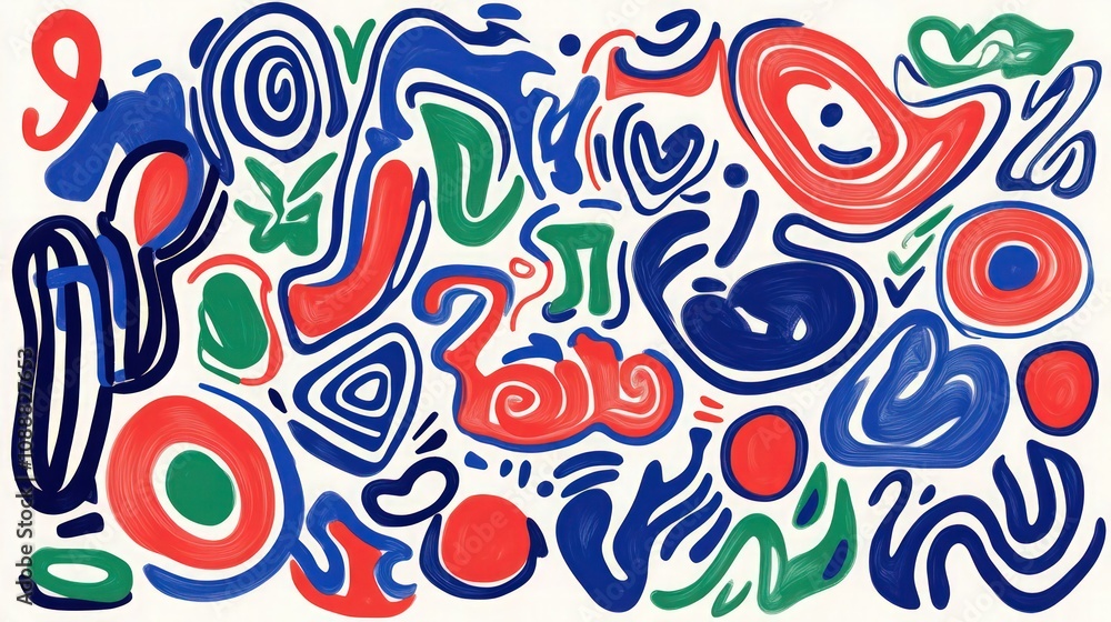 minimalist line art with an array of playful shapes and swirls in vibrant hues of red, blue, and gReen. minimalist line art with an array of playful shapes and swirls in vibrant hues of red, blue, and gReen.