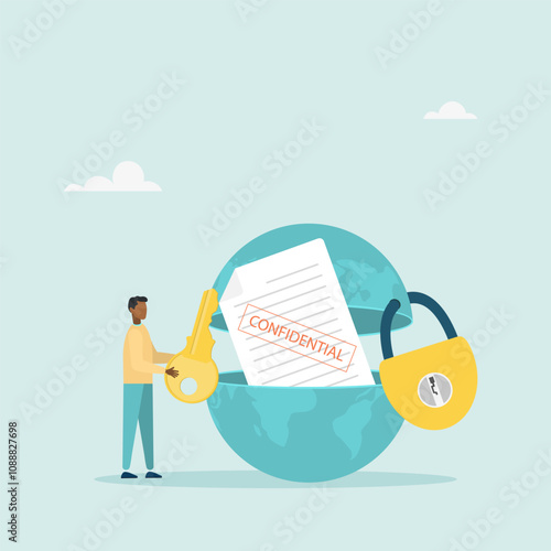 The character opened the globe with a key to see confidential information. Flat vector illustration.