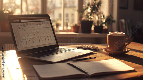 Early morning work setup with laptop coffee and a calendar planner soft sunlight adding warmth to the scene