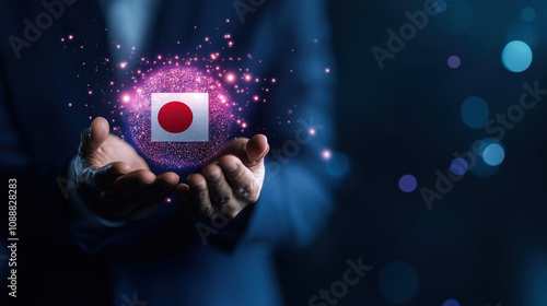 Businessman Holding Holographic Japan Flag, Representing AI and Machine Learning Innovation, Dark Background with Blue and Purple Lighting photo