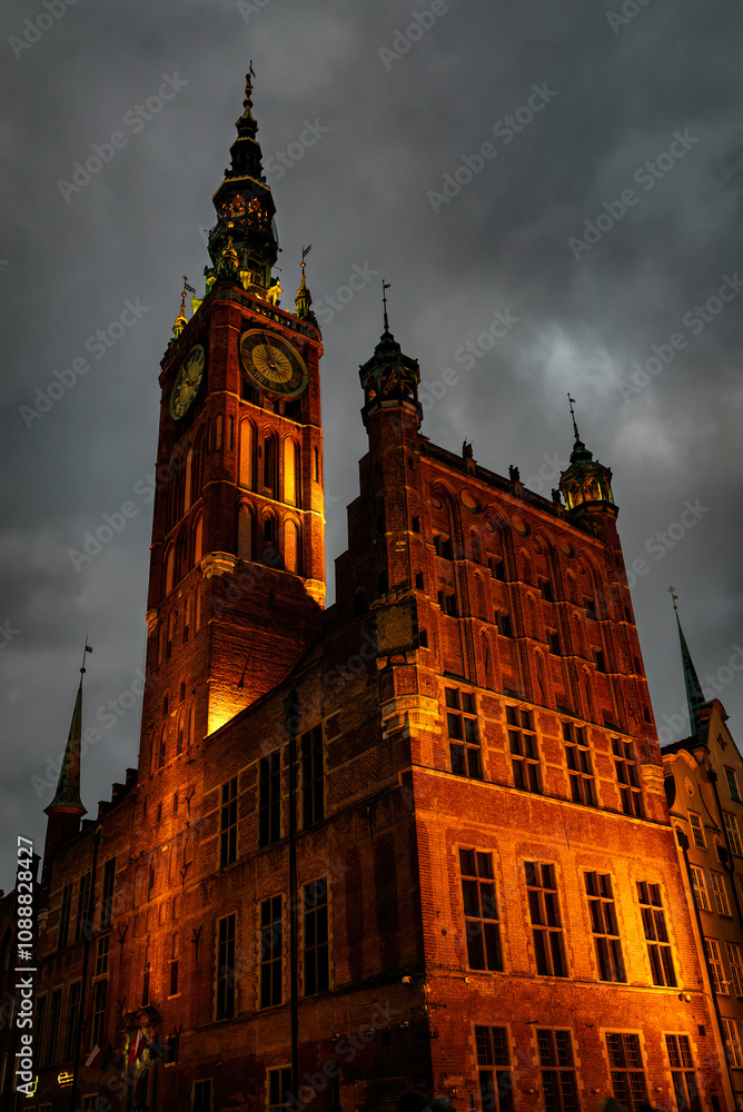 Fototapeta premium City hall in Gdańsk, Poland. Night cityscape