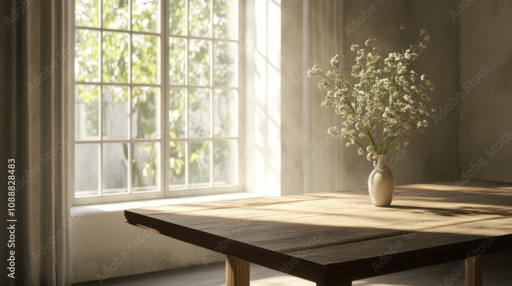 Empty table, window display. Generative AI Empty table, window display. Generative AI