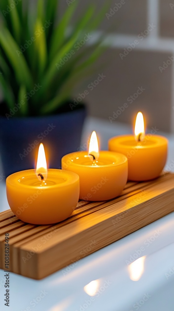 Tranquil Spa Setting Three Burning Amber Candles on Wooden Holder Tranquil Spa Setting Three Burning Amber Candles on Wooden Holder