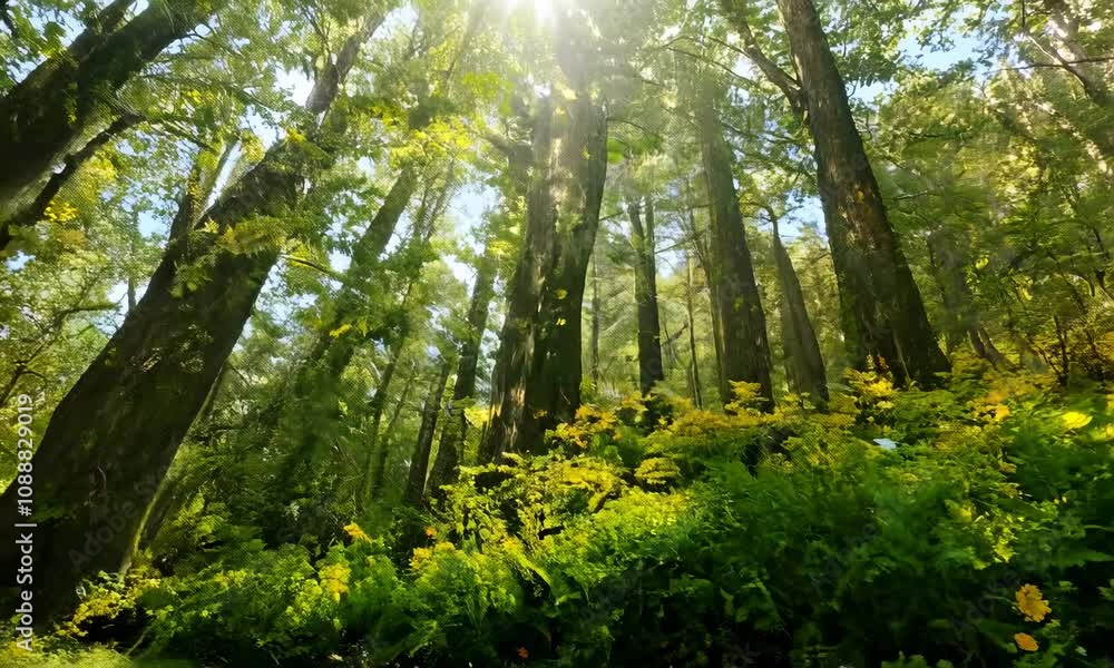 A nature background showcasing a dense forest with towering trees, dappled sunlight filtering through the leaves, and a carpet A nature background showcasing a dense forest with towering trees, dappled sunlight filtering through the leaves, and a carpet