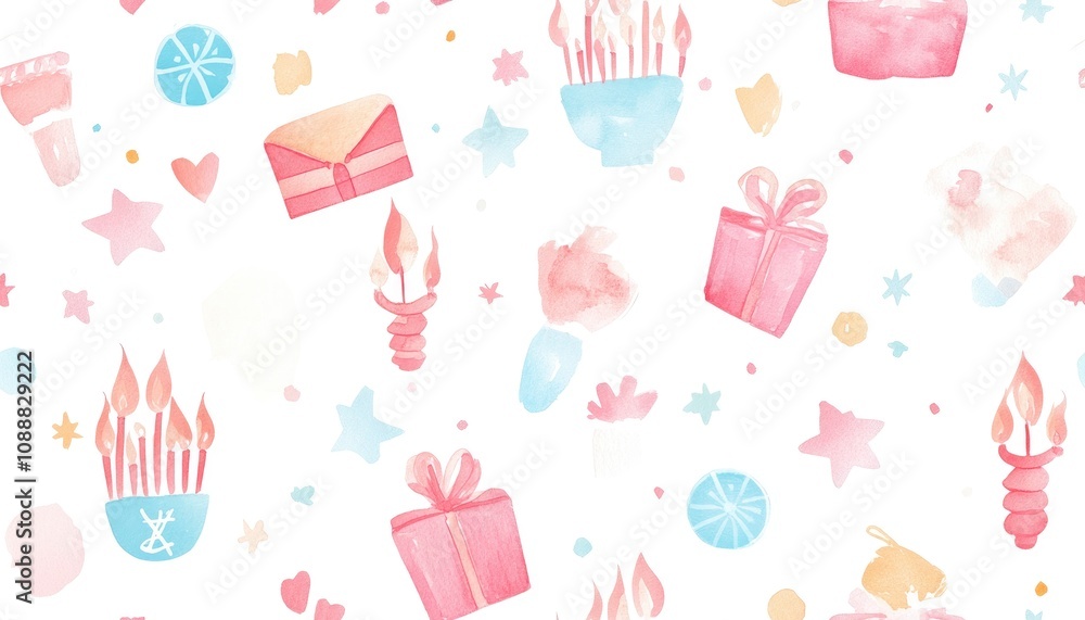 A whimsical pattern featuring gifts, candles, and stars in soft pastel colors. A whimsical pattern featuring gifts, candles, and stars in soft pastel colors.