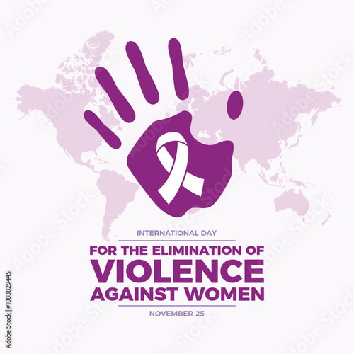 International Day for the Elimination of Violence against Women poster vector illustration. Female purple handprint and white awareness ribbon icon. Template for background, banner, card. November 25.