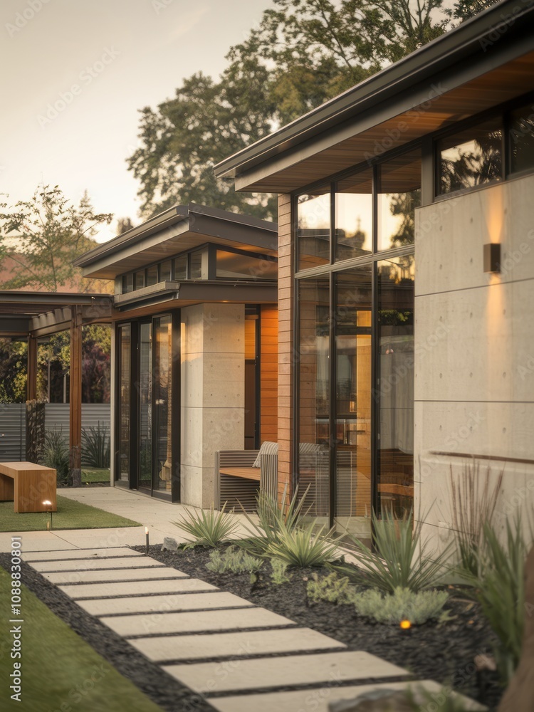 Obraz premium Modern Contemporary Home with Floor-to-Ceiling Windows and Beautiful Landscaping