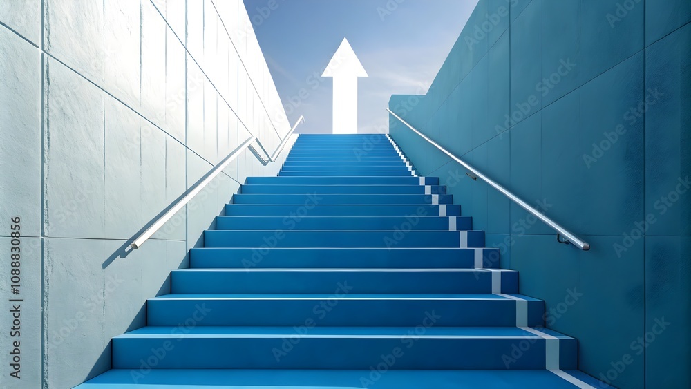 Business Progress Concept with 3D Blue Stairs and White Arrow, Futuristic Business Growth Illustration Business Progress Concept with 3D Blue Stairs and White Arrow, Futuristic Business Growth Illustration