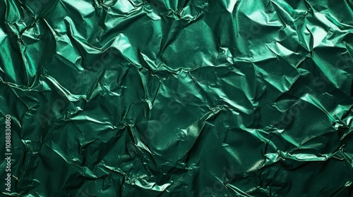 a deep emerald green foil texture with a shiny, rough surface, displaying creases and folds that create dynamic light reflections.