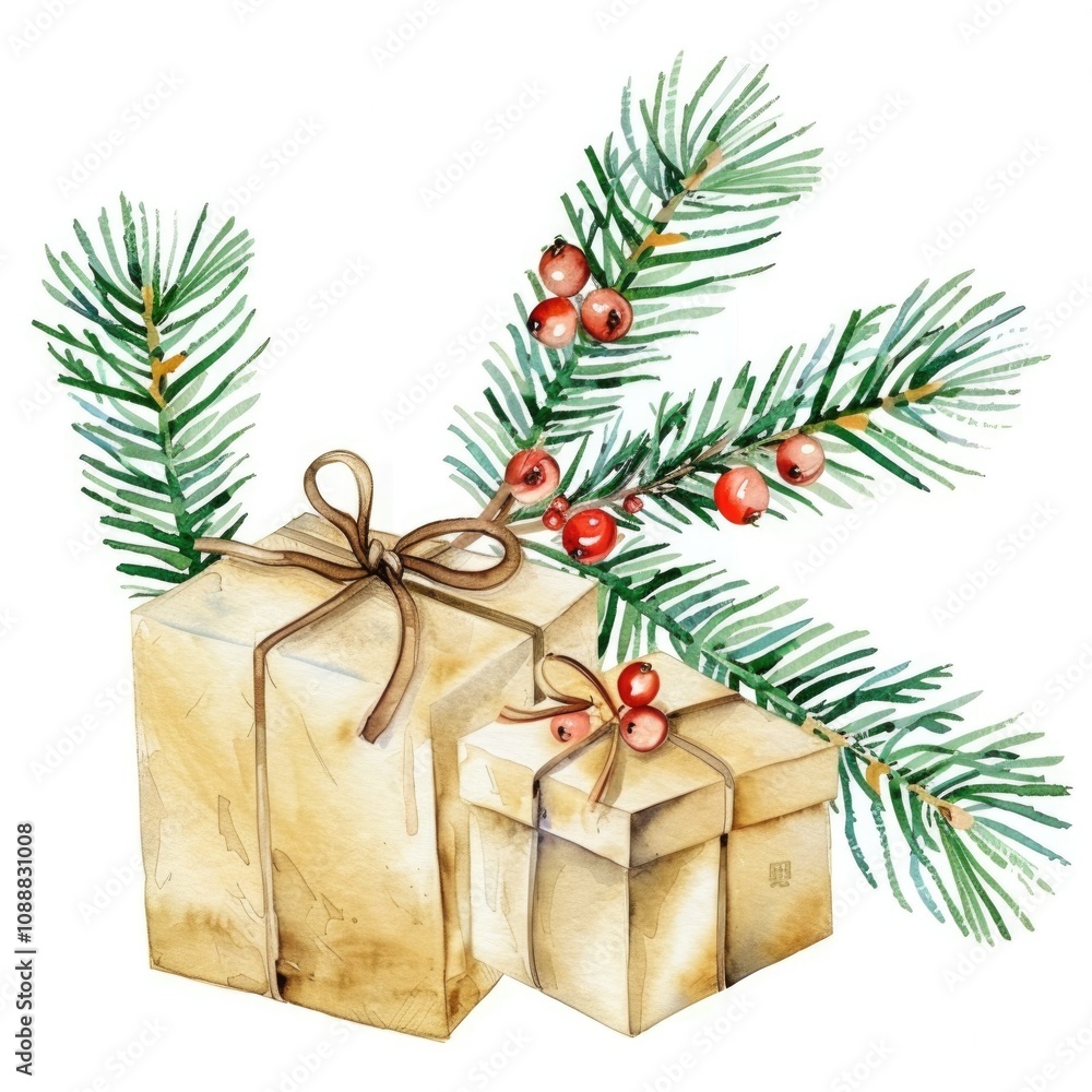 Festive Holiday Gift with Evergreen Branches and Red Berries Watercolor Illustration Festive Holiday Gift with Evergreen Branches and Red Berries Watercolor Illustration
