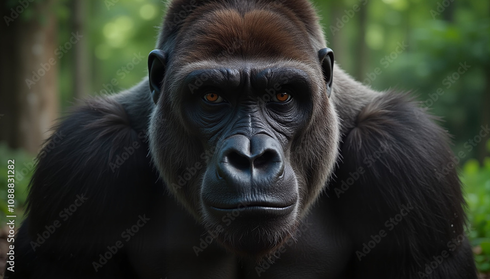 Majestic Gorilla Looking at Camera Close-Up Against Green Forest Background