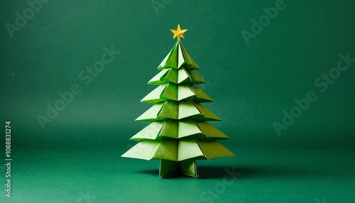 Festive origami christmas tree on green background with star topper