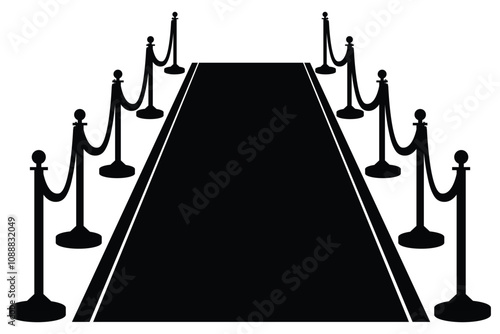 Perspective silhouette black vector of Stanchions with Velvet Ropes. Elegant Red Carpet. Isolated on a White Background for VIP Events.