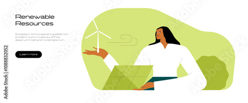 Climate change and sustainability. Character showing benefits of renewable energy resources. Sustainable energy concept. Vector illustration.