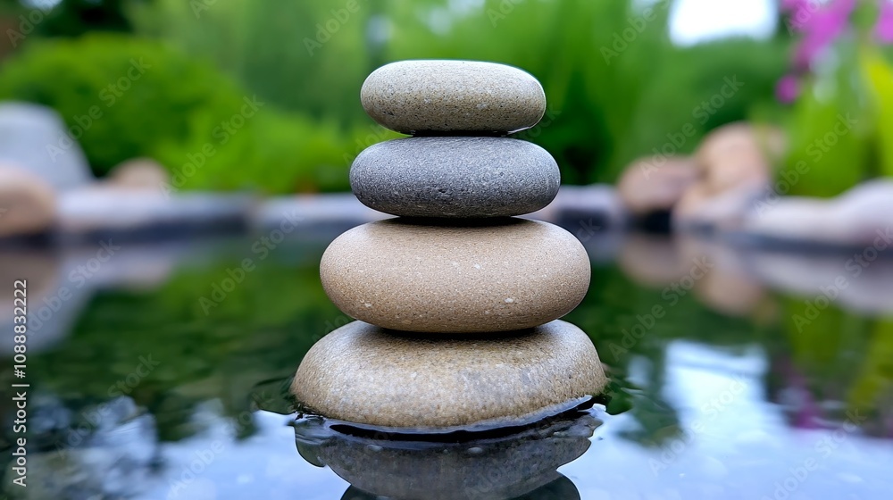 Serene Stacked Stones in Tranquil Garden Pond Zen Balance Peace Nature Serene Stacked Stones in Tranquil Garden Pond Zen Balance Peace Nature