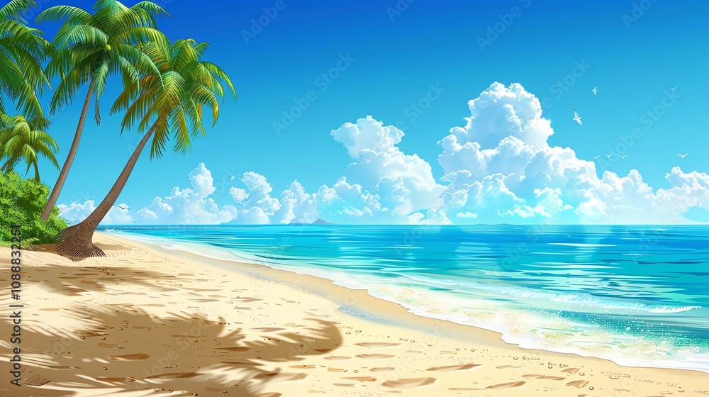 Fototapeta premium An illustration of a tropical beach with palm trees, blue water, and a sunny sky.