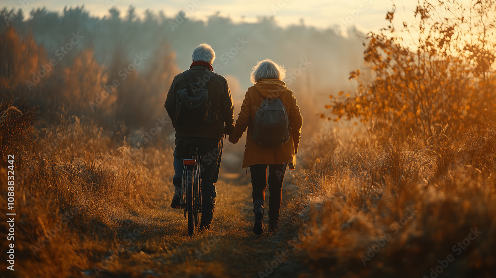Elderly couple enjoys a peaceful walk together while holding hands near a bike as sunset colors the landscape. Generative AI Elderly couple enjoys a peaceful walk together while holding hands near a bike as sunset colors the landscape. Generative AI