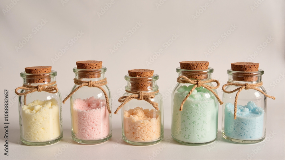 Glass jars with cork tops and bath salt inside Glass jars with cork tops and bath salt inside