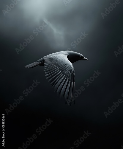Majestic Black Bird in Flight: A Stunning Depiction of Elegance and Freedom Against a Dark and Atmospheric Sky