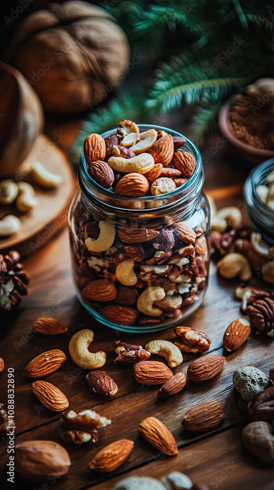 Fototapeta premium Mixed Nuts in a Jar on Wooden Table - Healthy Snack