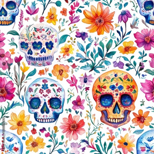 Colorful illustration of decorative skulls and flowers, inspired by Day of the Dead.