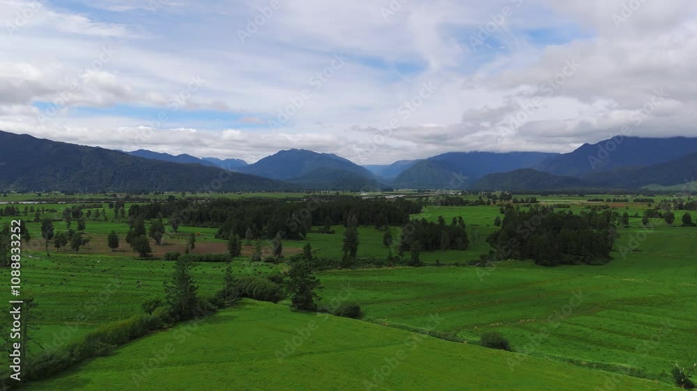 Drone fly above green agricultural fields of New Zealand countryside, mountain background Drone fly above green agricultural fields of New Zealand countryside, mountain background