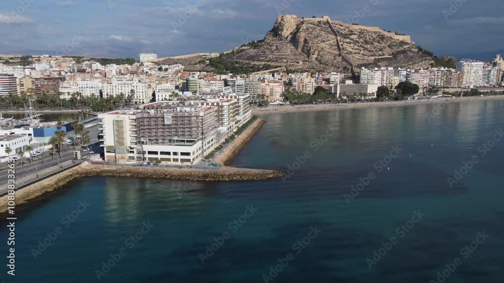 Aerial overview of the Alicante city coastline and Santa Barbara castle Aerial overview of the Alicante city coastline and Santa Barbara castle