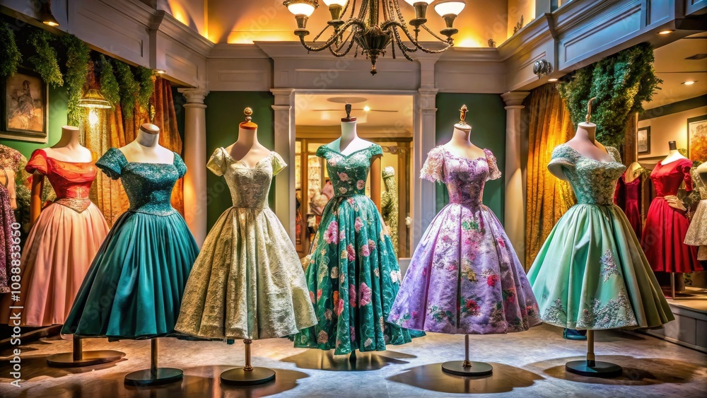 Fototapeta premium Vintage Fashion Showcase: A Nostalgic Display of Classic Dresses on Mannequins in an Enchanting Setting