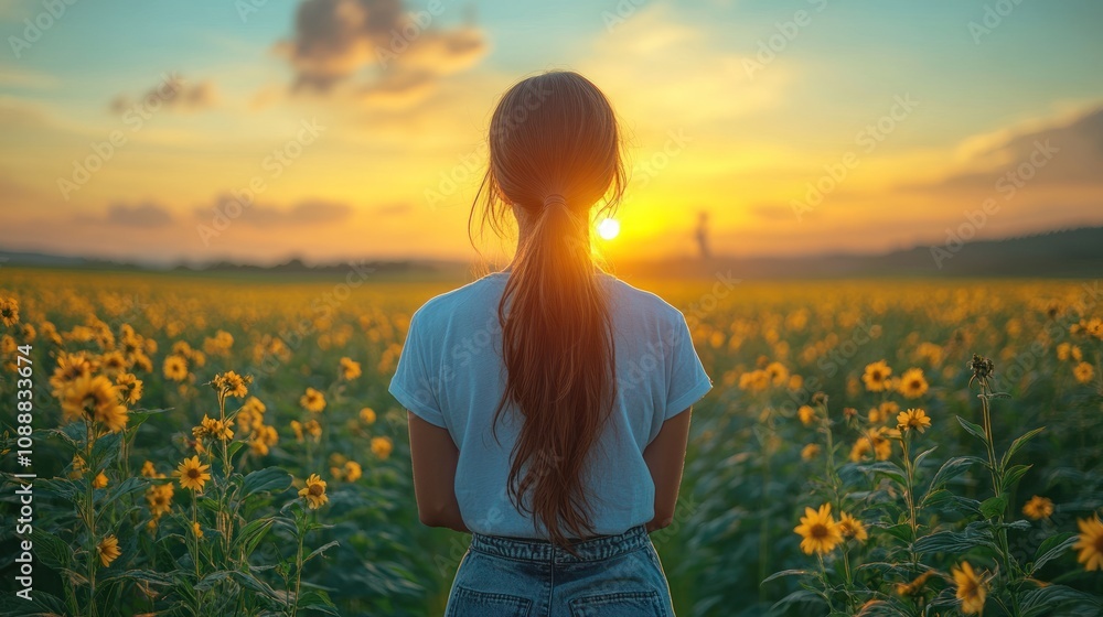 Fototapeta premium Woman in Sunflower Field at Sunset