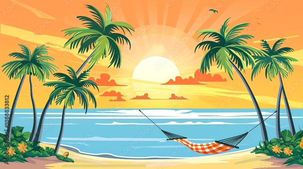 Obraz premium A cartoon illustration of a tropical beach at sunset with palm trees and a hammock.