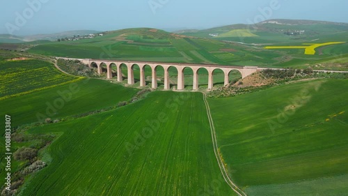The scene is an aerial view of a bridge crossing over a valley with a train track running through it. On the other side of the valley, there are green fields and mountains in the distance.