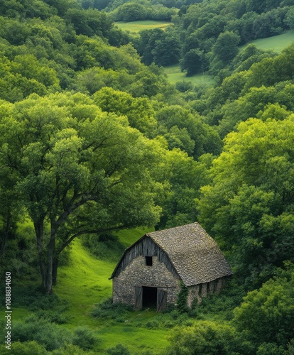 Tranquil Countryside Landscape Featuring a Rustic Barn Surrounded by Lush Green Forests and Rolling Hills, Capturing the Essence of Nature's Serenity and Rural Beauty