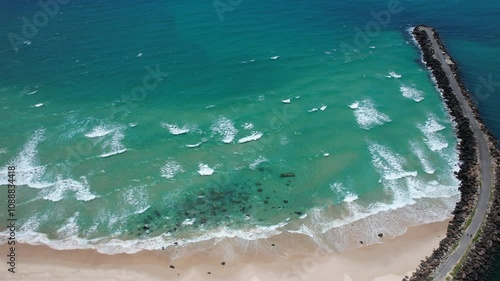 Ocean Waves At Duranbah Beach With Seawall - Tweed River In NSW, Australia. - aerial shot photo