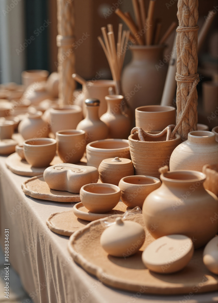 Many handmade clay pots drying on table at outdoor market Many handmade clay pots drying on table at outdoor market