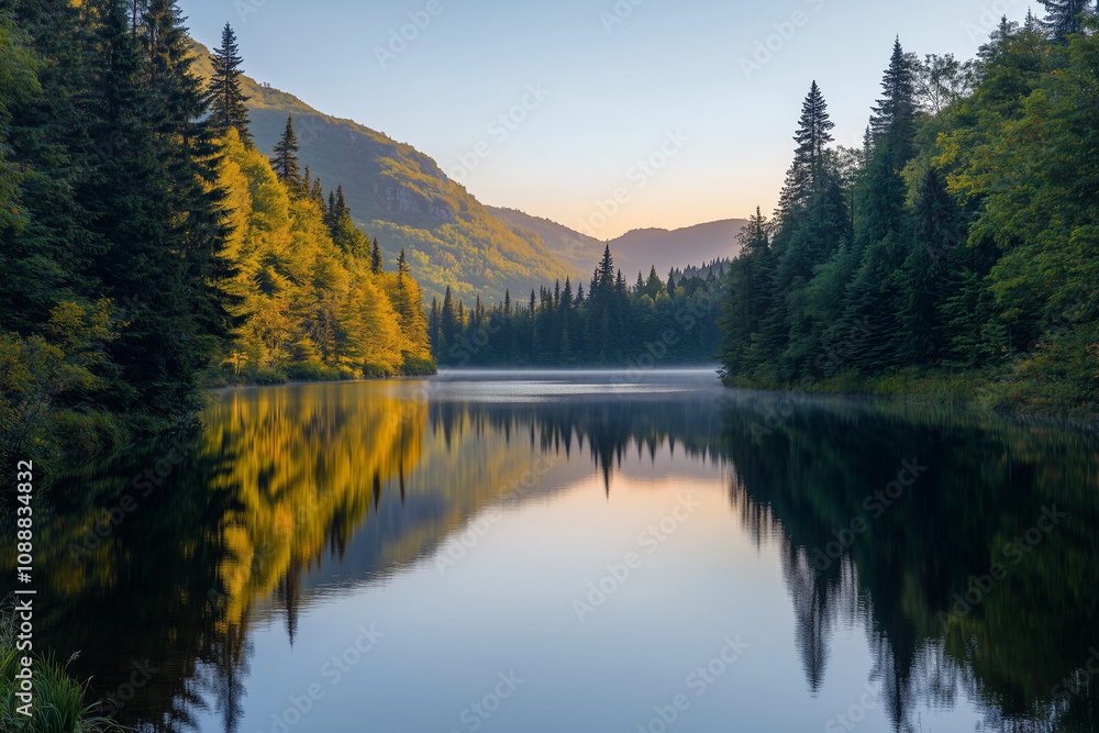 Landscape view of lake in the middle of the forest with pine tree view and mountain view, Lake view with reflection on the water, Scenery view of fresh water lake with reflect. Landscape view of lake in the middle of the forest with pine tree view and mountain view, Lake view with reflection on the water, Scenery view of fresh water lake with reflect.