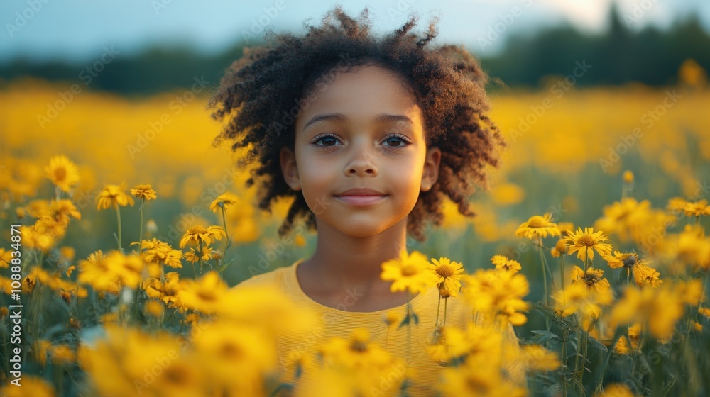 Smiling Little Girl in a Yellow Flower Field Smiling Little Girl in a Yellow Flower Field