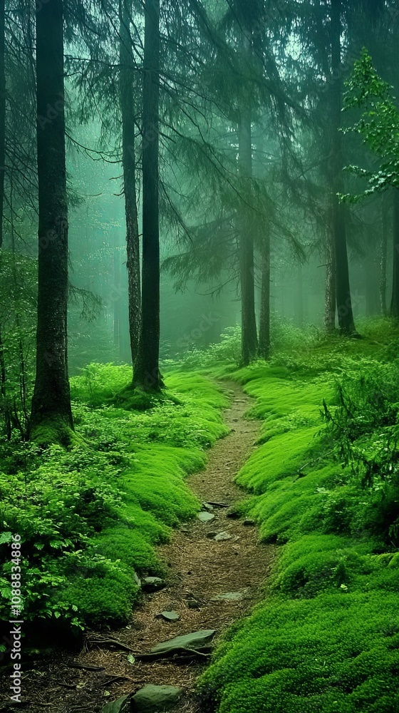 Fototapeta premium Enchanted Forest Path: A Tranquil Journey Through Lush Greenery