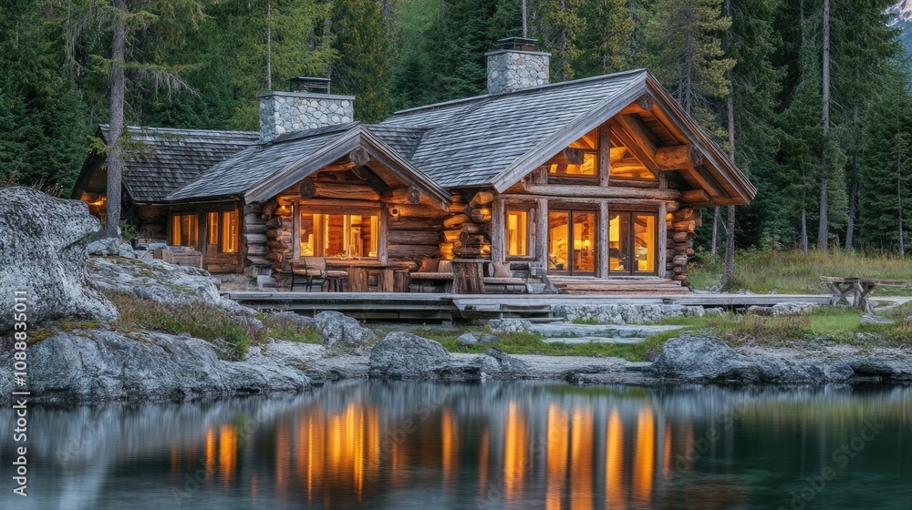 Rustic log cabin with open windows, lake reflections nearby Rustic log cabin with open windows, lake reflections nearby