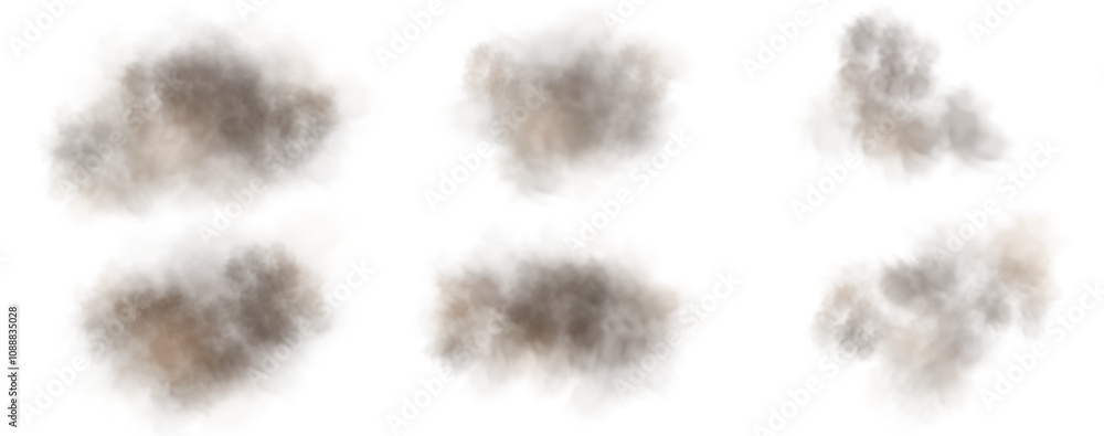 Abstract vector clouds, fog or smoke on an isolated transparent background. Dust cloud. Desert smoke. Sandstorm. 3D smog explosion. Cloud, smoke.Transparency in vector PNG format. Abstract vector clouds, fog or smoke on an isolated transparent background. Dust cloud. Desert smoke. Sandstorm. 3D smog explosion. Cloud, smoke.Transparency in vector PNG format.
